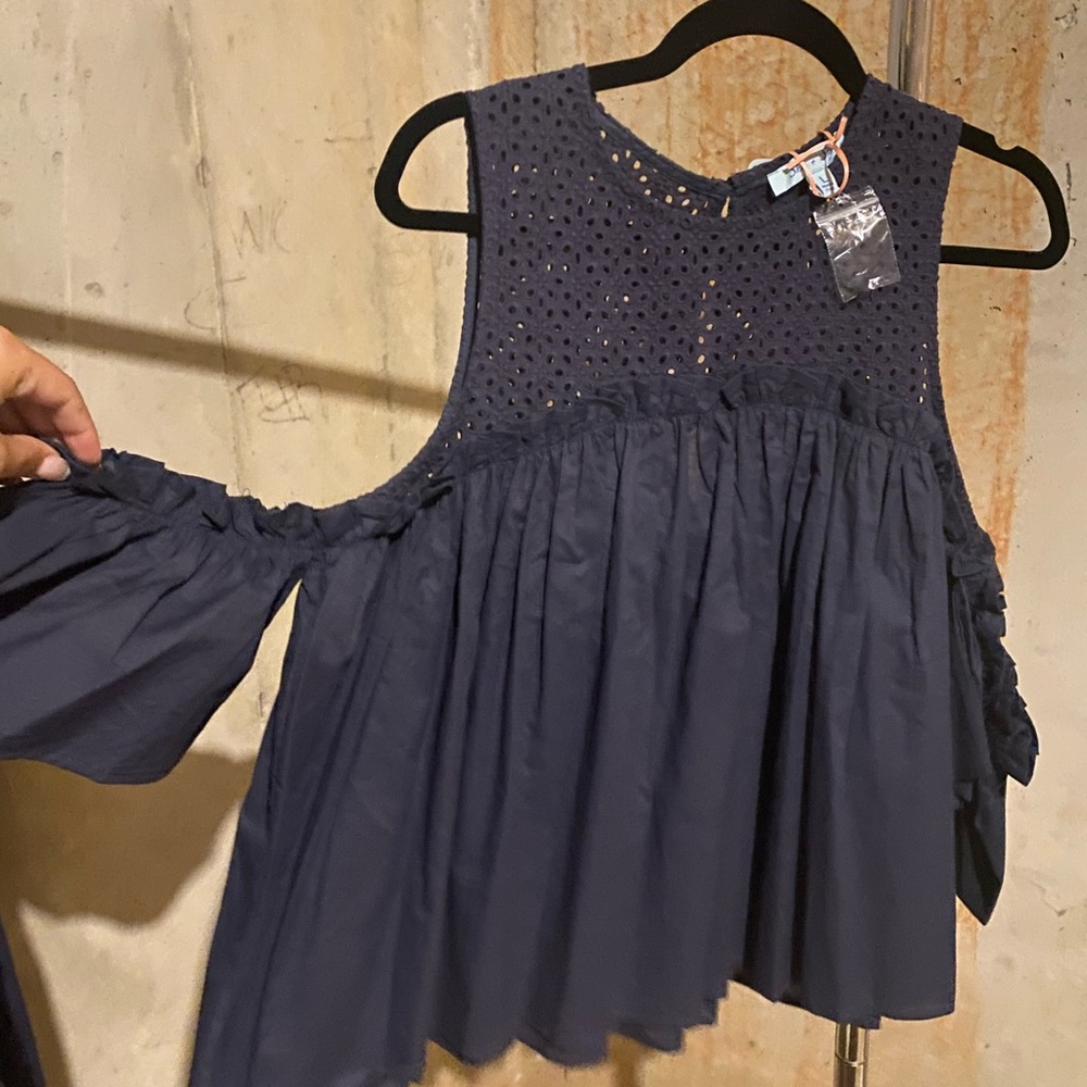 She+sky dark blue ruffled blouse